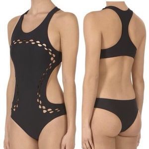 $218 MIKOH Mahina Side Cutout High Neck One-Piece Swimsuit Size Black